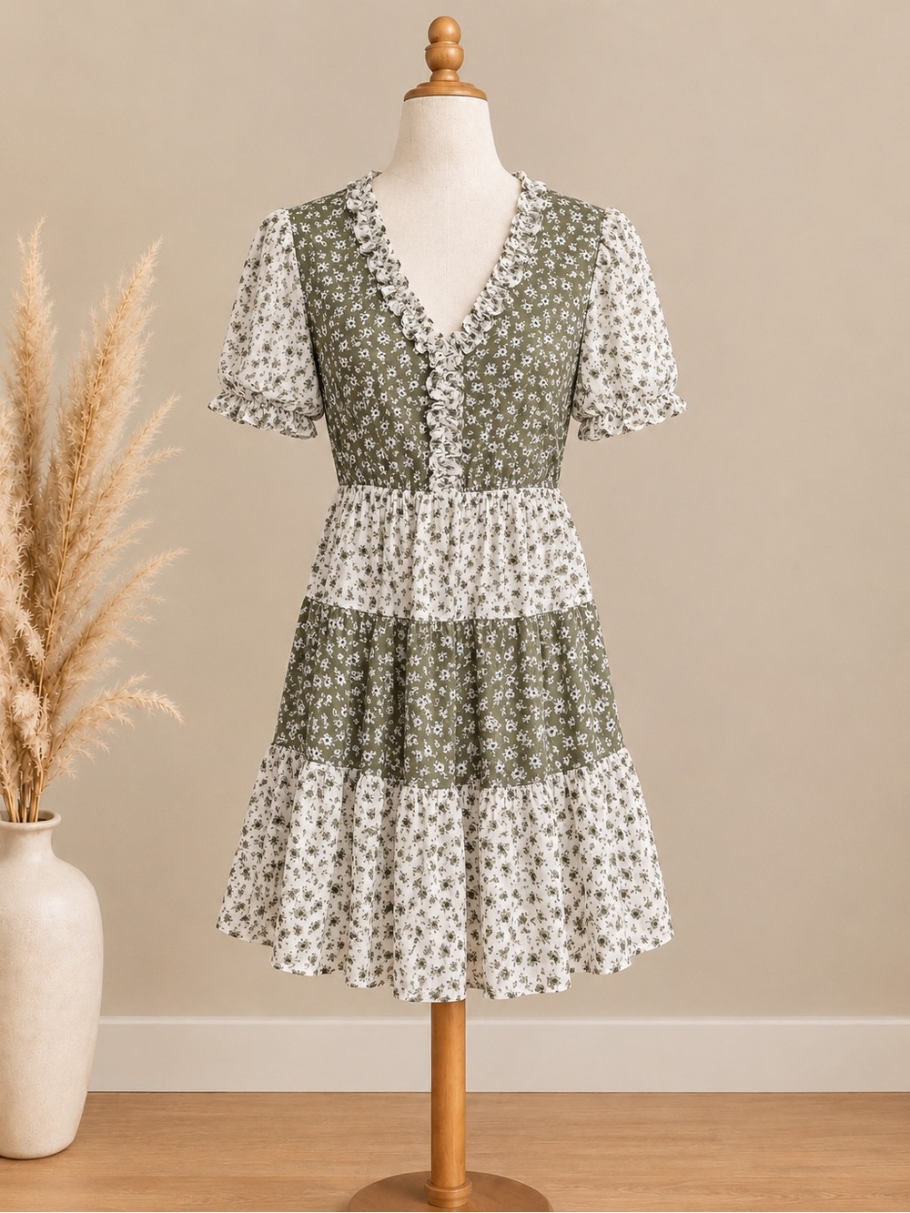 Olive and Cream Floral Tiered Ruffle Midi Dress